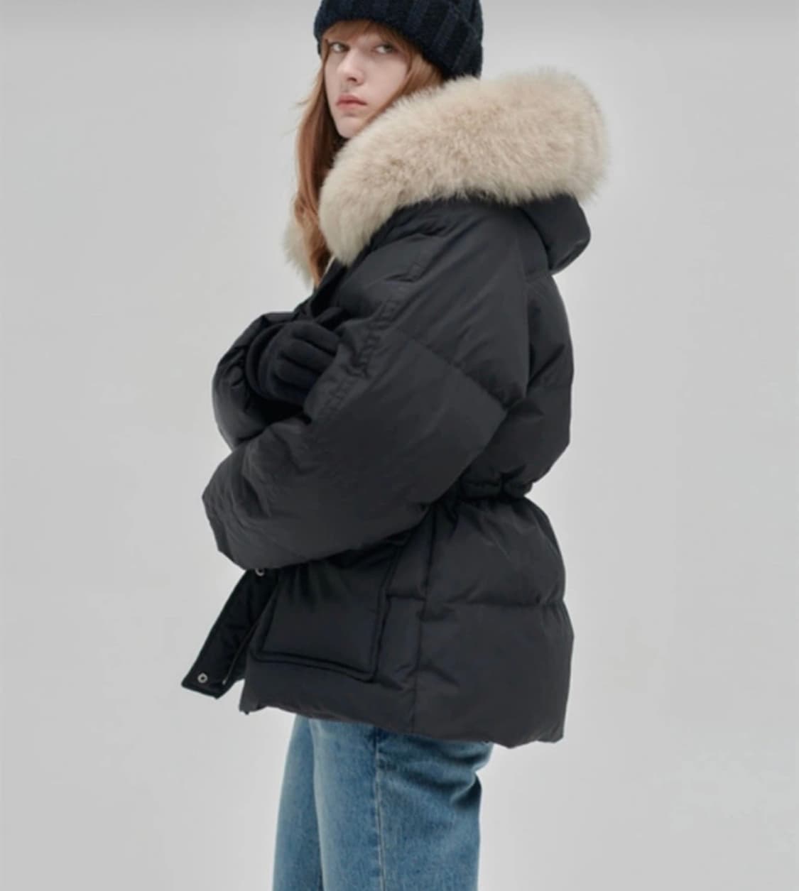 닐바이피 폭스퍼 후드 벨트 패딩 블랙 상품이미지1