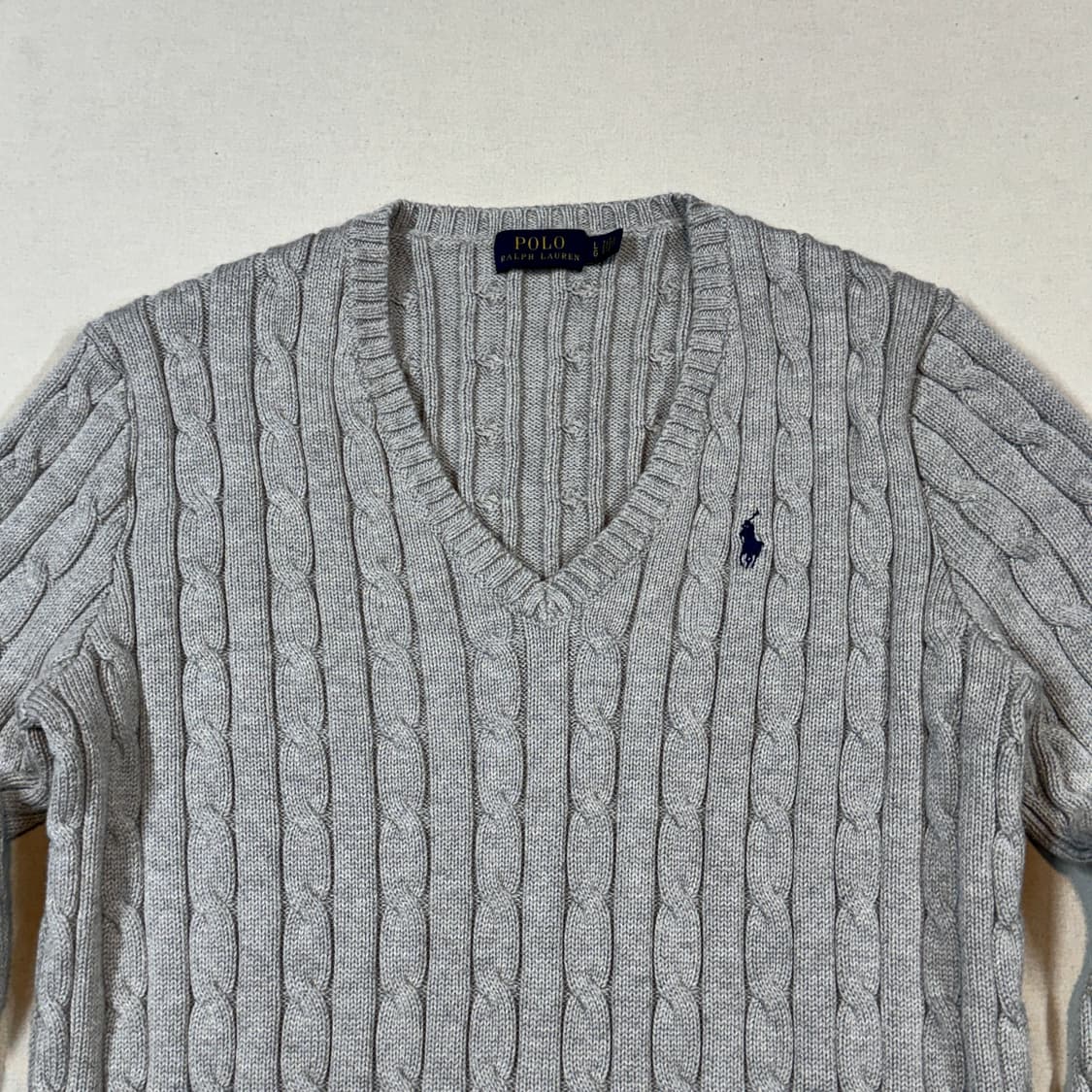 L) 폴로 랄프로렌 코튼 케이블 꽈배기 브이넥 니트 그레이 상품이미지3