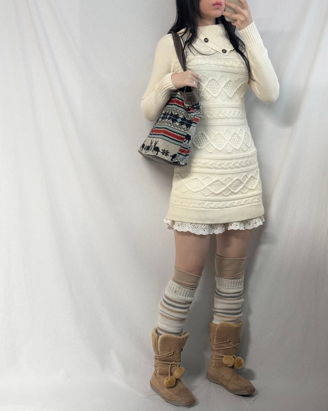 폴딩 버튼 넥 케이블 니트 원피스 상품이미지3