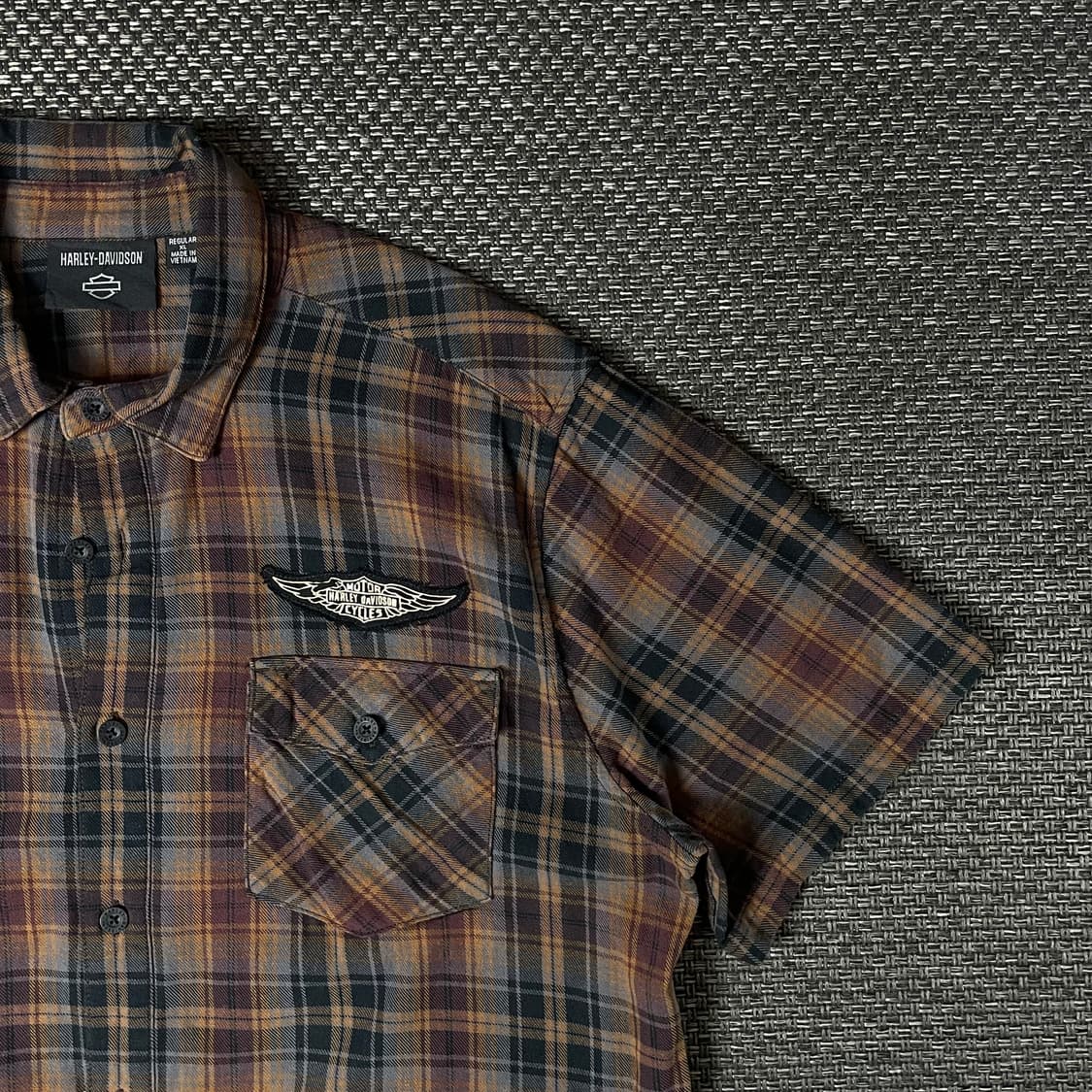 할리데이비슨 블랙 브라운 옐로우 체크 배색 투포켓 반팔 셔츠 XL 상품이미지3