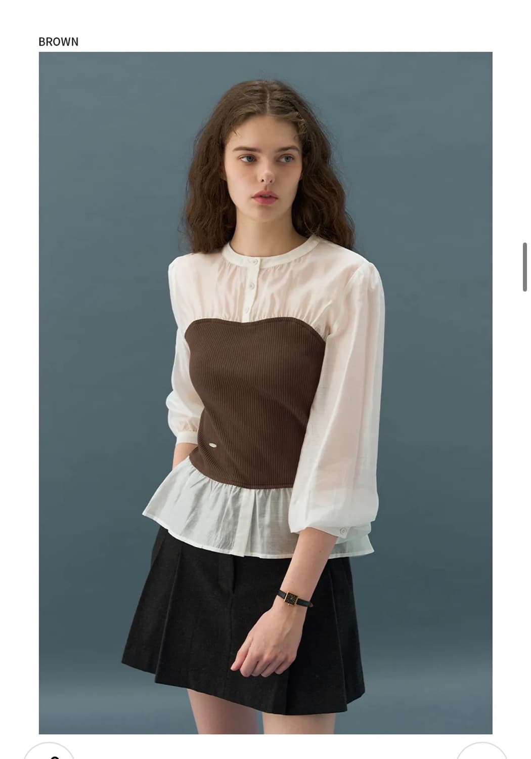 (새상품)(S) 드로우핏 우먼 시어 셔링 뷔스티에 블라우스 [BROWN] 상품이미지1