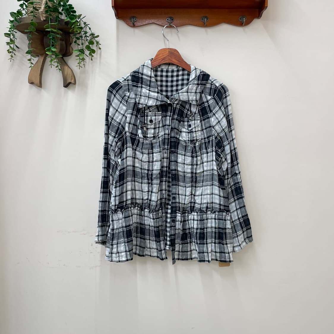 체크 패턴 허리 스트링 롱 셔츠 상품이미지1