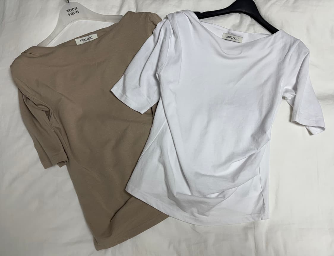 논로컬 보트넥 셔링 반팔 티 - 화이트, 베이지 상품이미지1