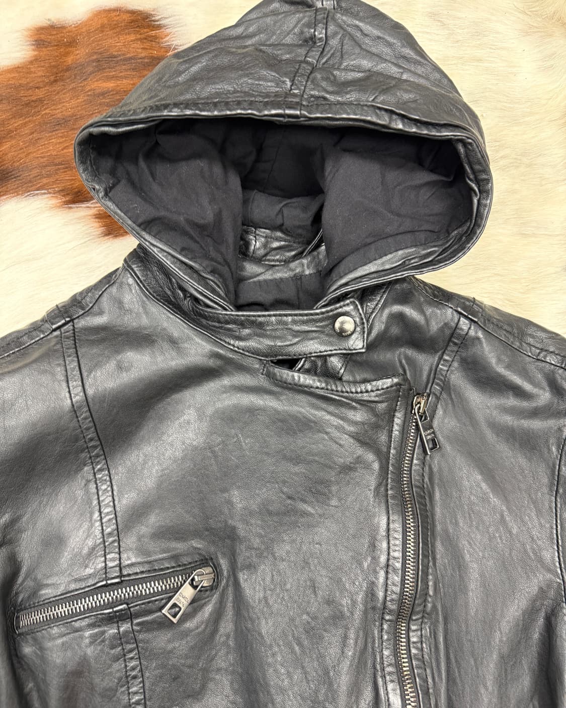 조르지오 브라토 램레더 후드 사선 바이커 자켓 상품이미지4