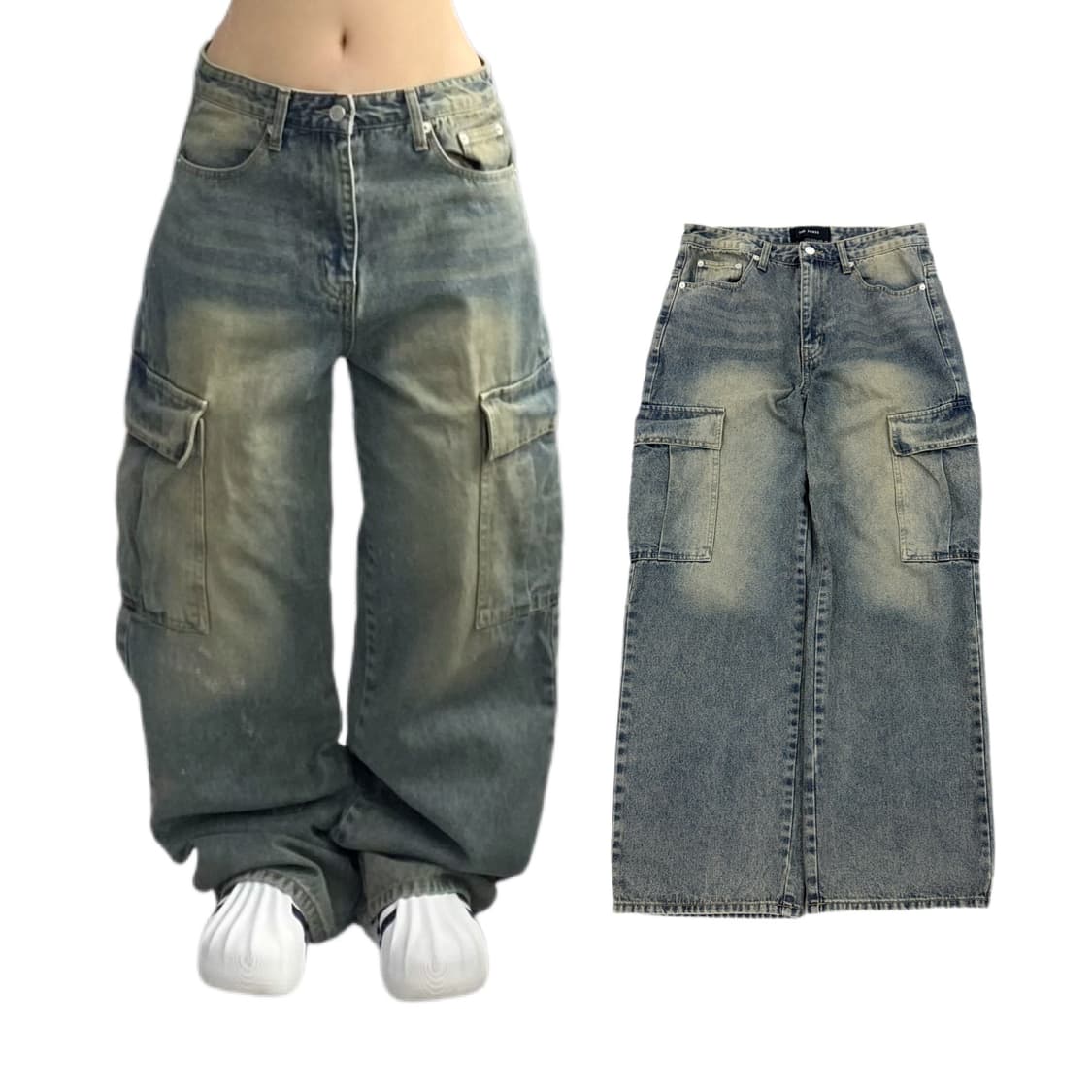 데님 워싱 탄창 와이드 카고팬츠 상품이미지1