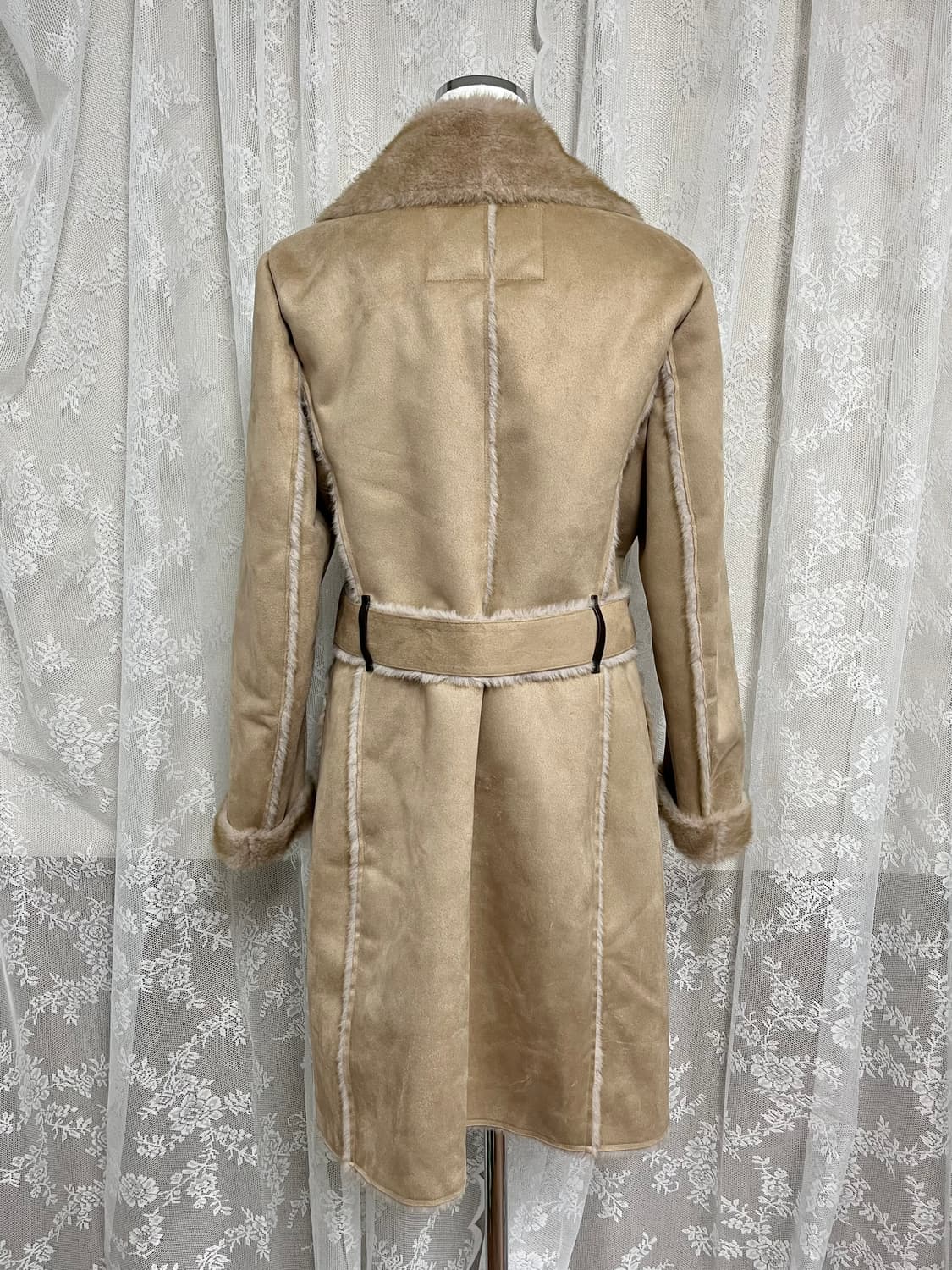 XS) dkny 도나카란 노치드 칼라 벨트 무스탕 코트 상품이미지3