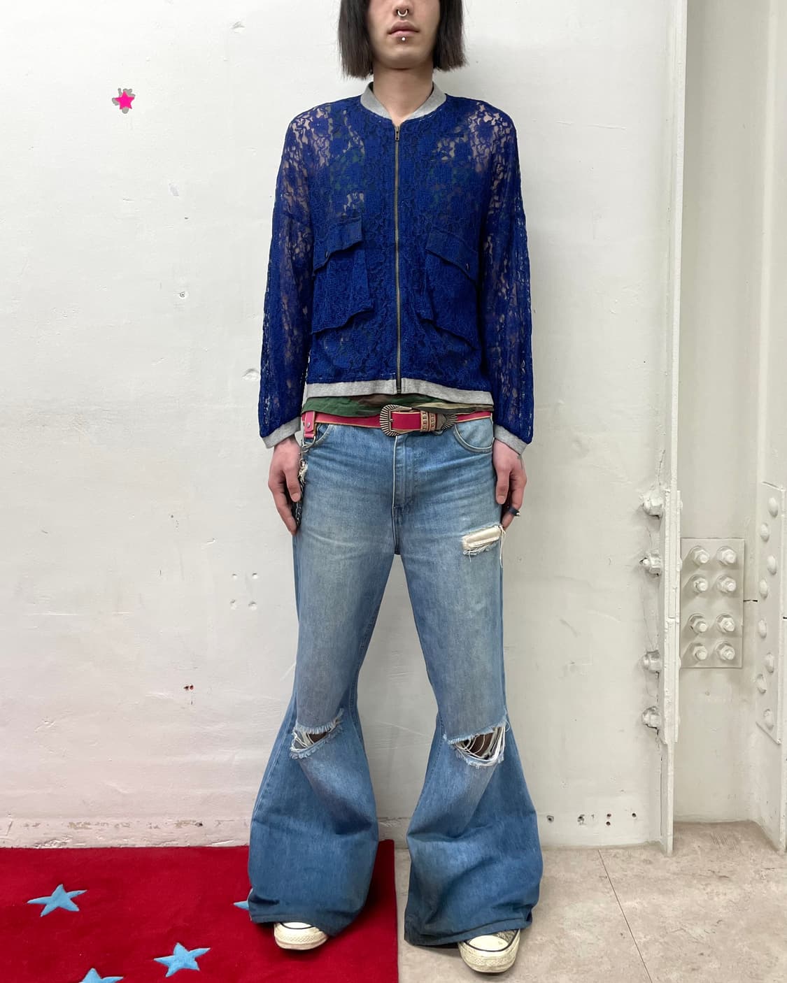 Navy Flower Mesh Big Pocket Zip-Up 상품이미지4