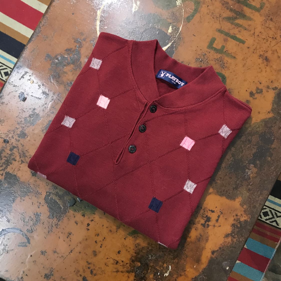 빈티지 플레이보이 버건디 아가일 패턴 헨리넥 니트 남성 105 사이즈 상품이미지1