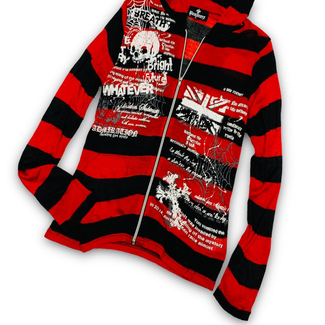 펑크 버닝 스컬 아트 스트라이프 패턴 후디 집업 상품이미지3