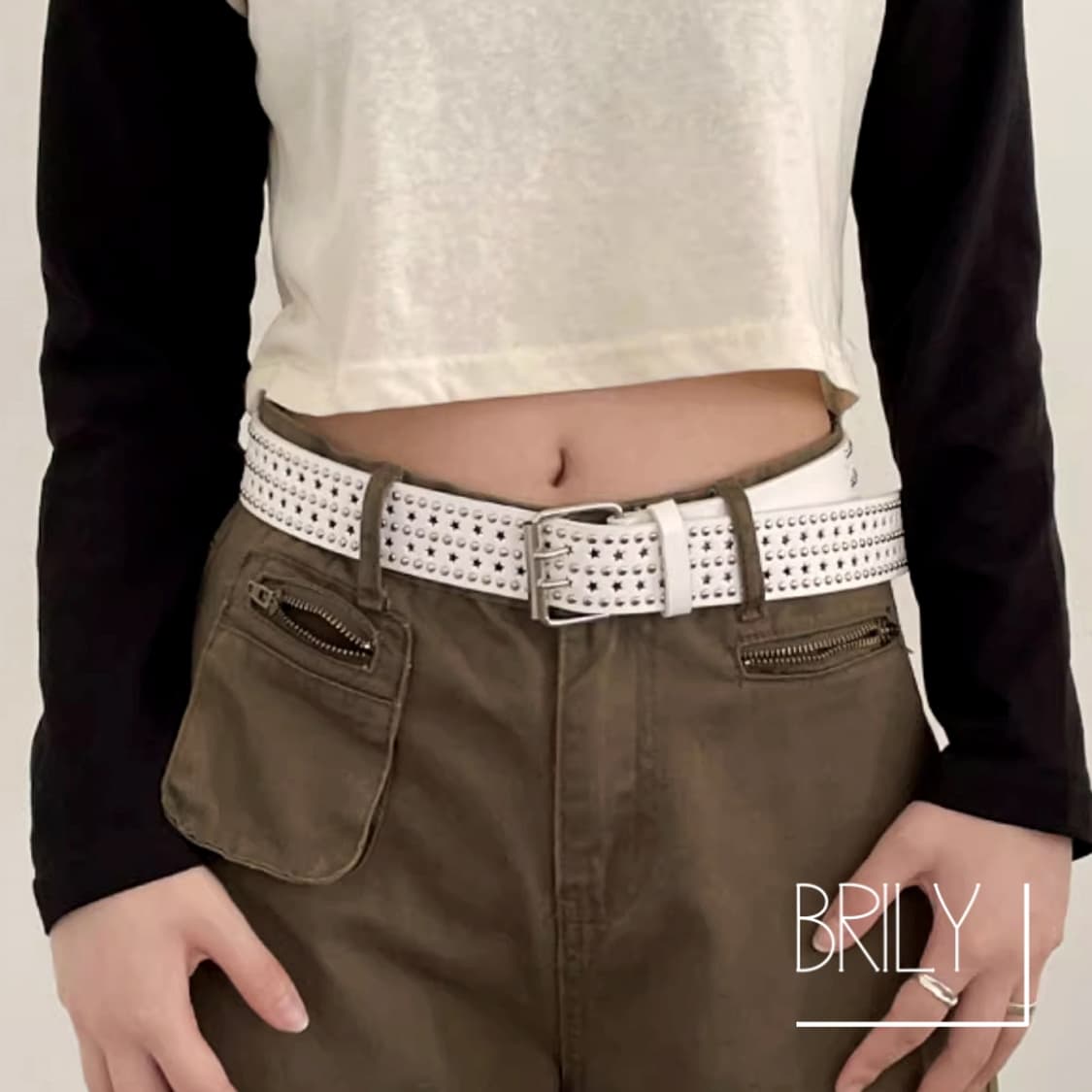 [Unisex] BELL 멀티 스터드 별 펀칭 가죽 벨트 화이트 상품이미지3