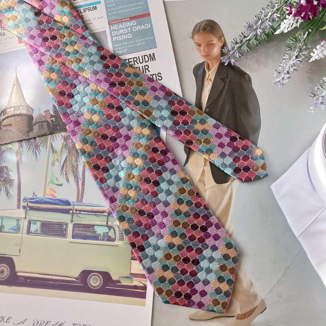 미쏘니 실크 멀티컬러 스케일 패턴 넥타이 8.8cm A+등급 A18850 상품이미지4