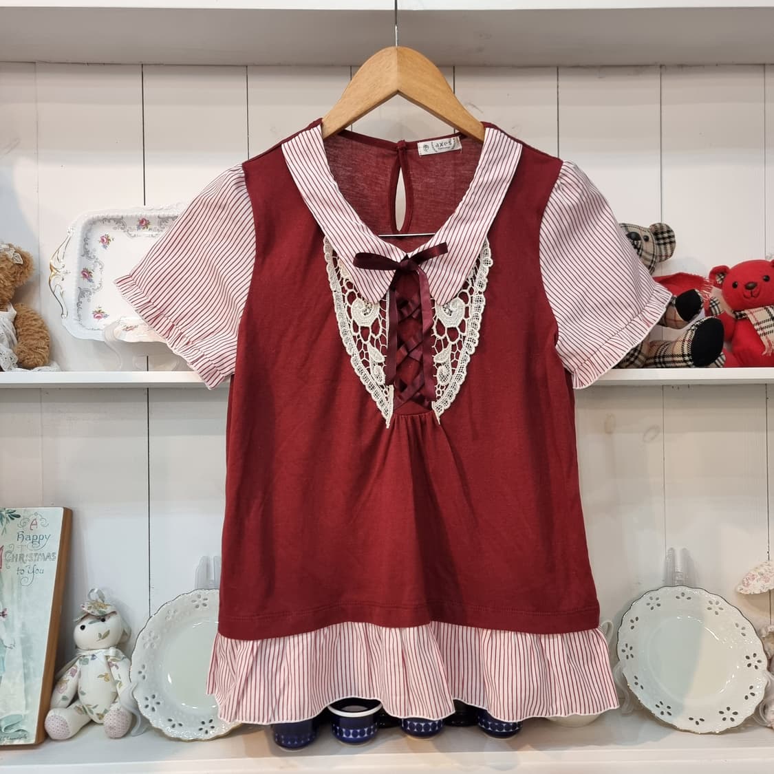 axes femme(악세즈팜므) 와인 스트라이프 리본 블라우스 상품이미지1