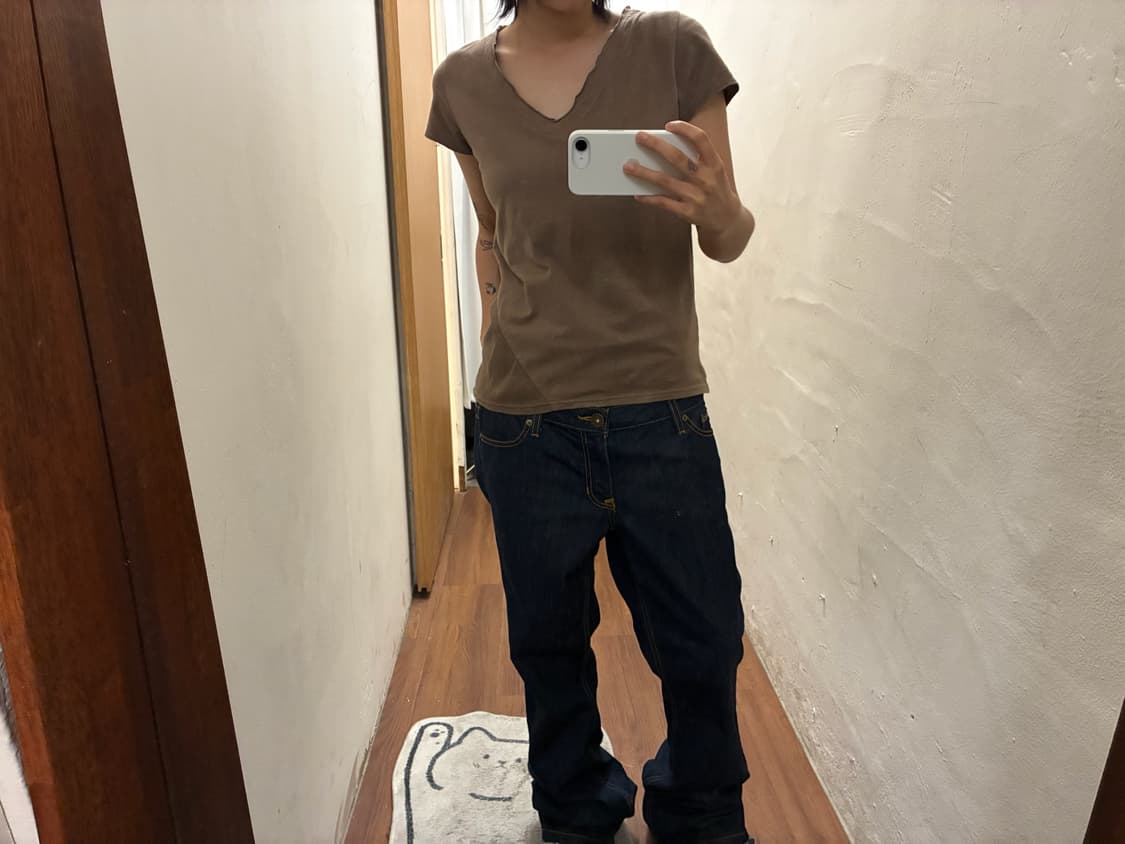 빈티지 브이넥 반팔 티셔츠 컷오프 디테일 브라운 k59 상품이미지1