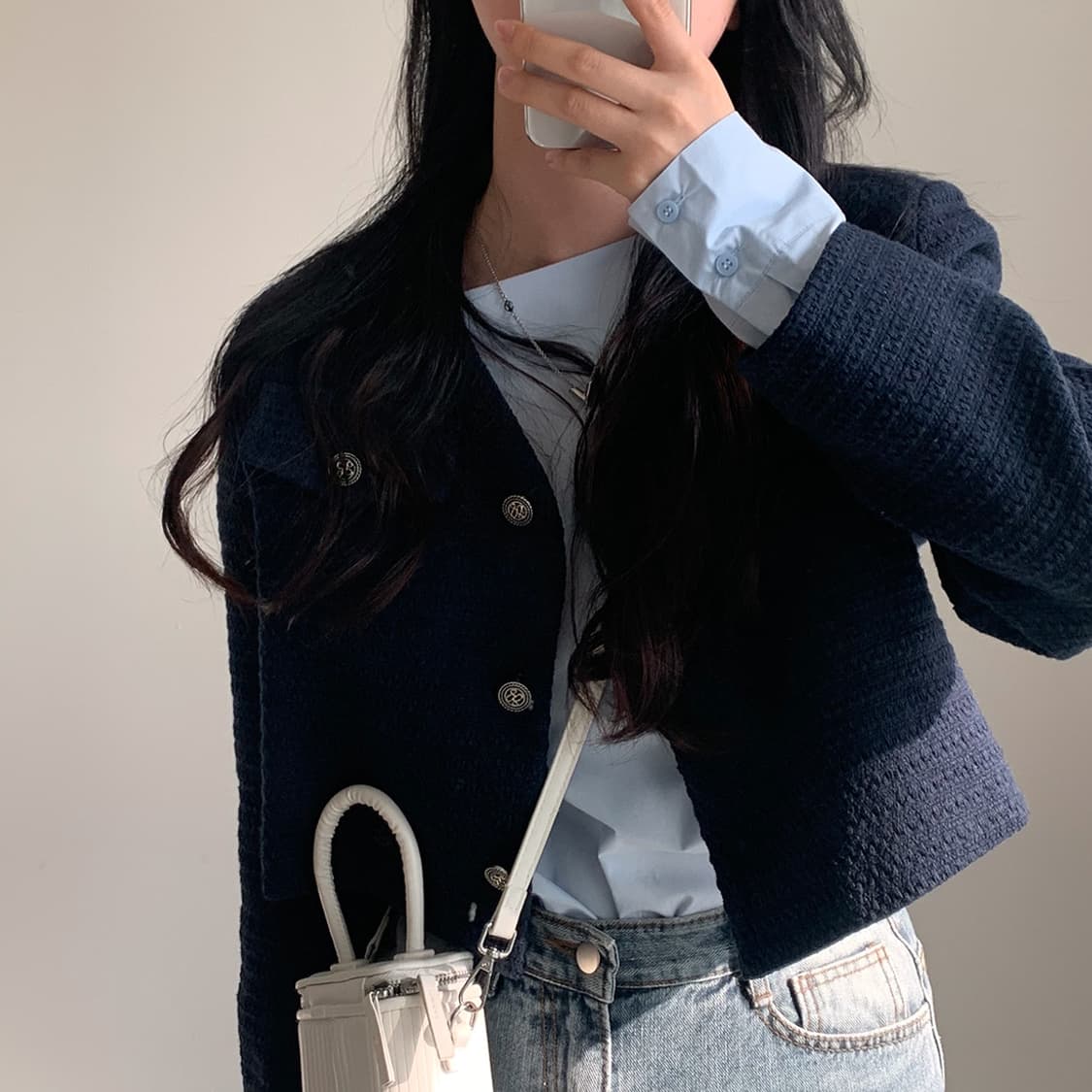  크롭 트위드 하객룩 자켓 네이비 상품이미지2