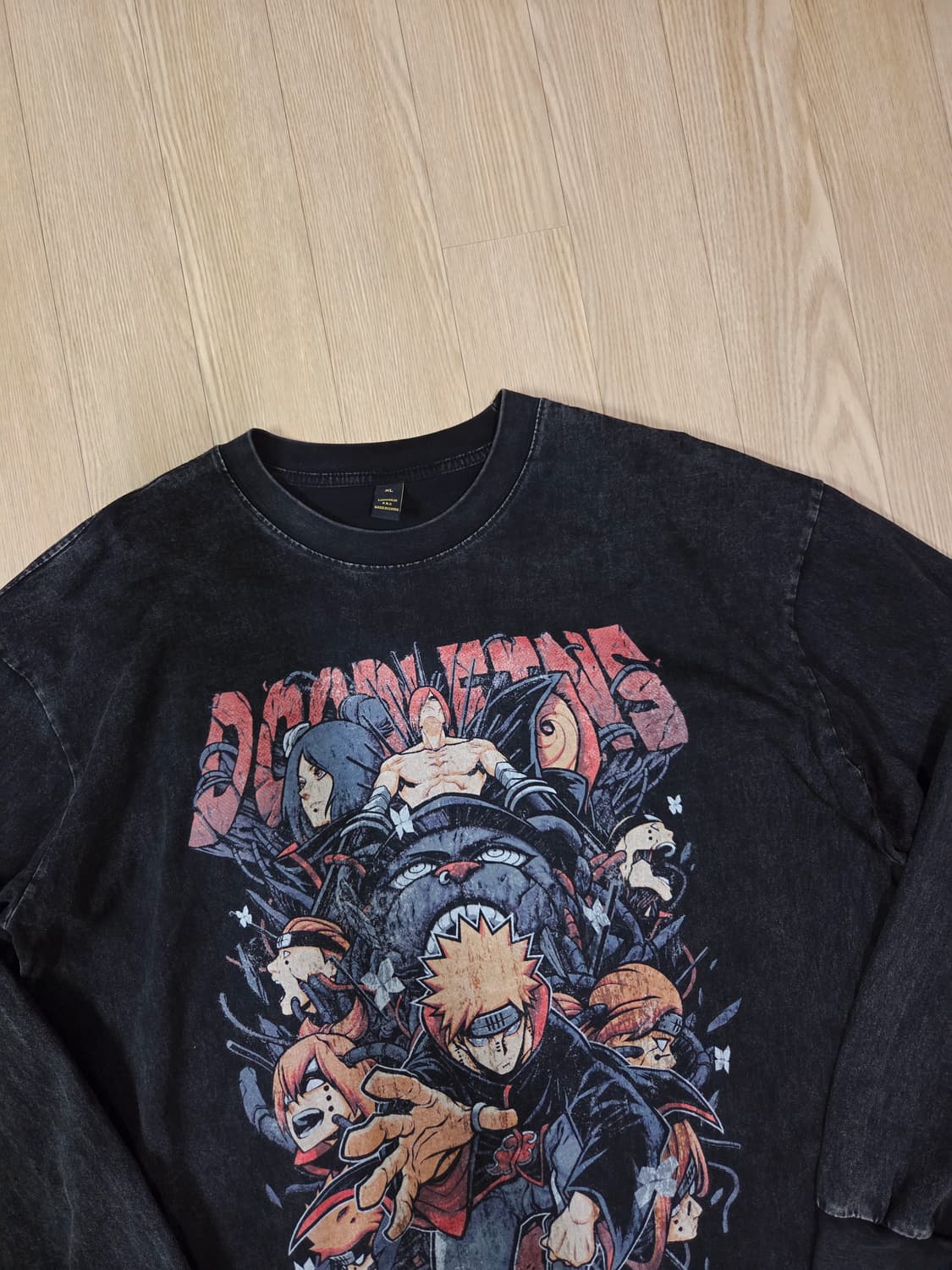 LIANGXILIN 블랙 원워싱 프린트 롱 슬리브 티셔츠 상품이미지2