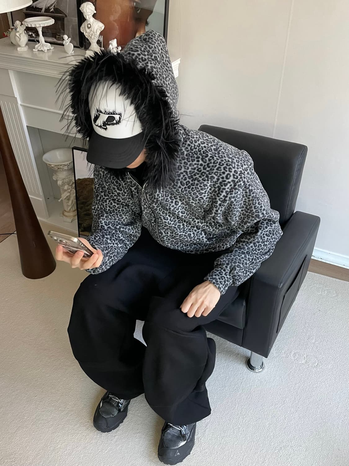 레오파드 호피 퍼 후드 후리스 기모 집업 상품이미지4