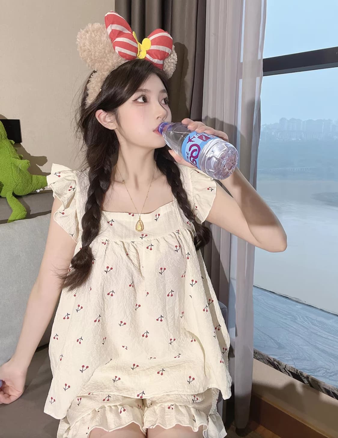 체리 패턴 프릴레이스 민소매티셔츠+팬츠 여성 잠옷 세트 파자마 상품이미지4