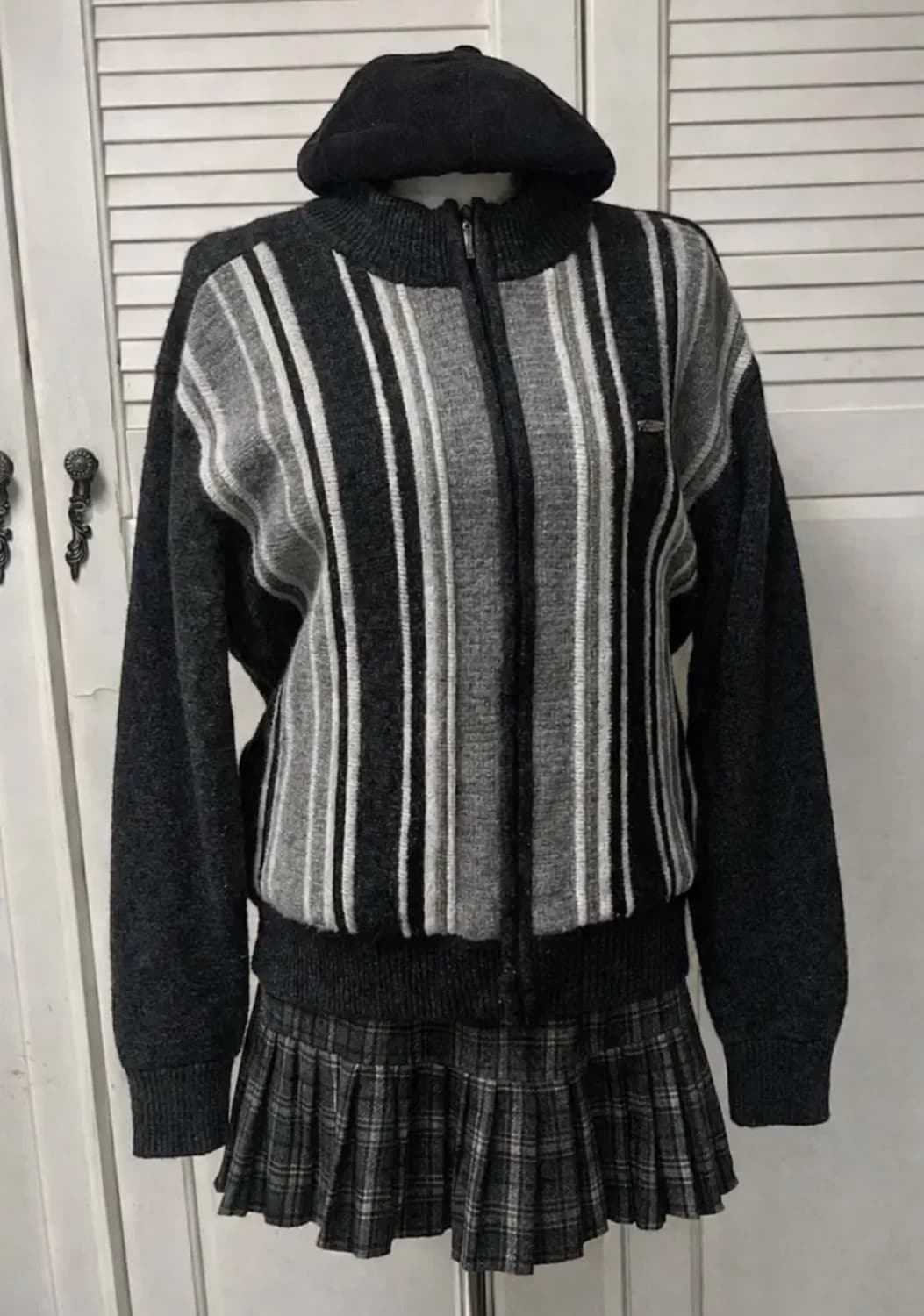 빈티지 코디셋 세로 스트라이프 니트 집업 가디건 트위드체크 원피스 상품이미지5