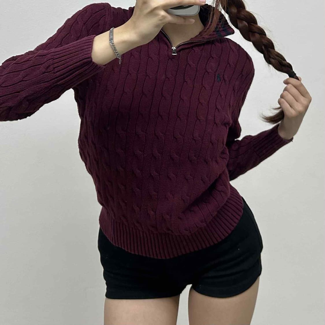 폴로 랄프로렌 큐알택 버건디 꽈배기 케이블 반집업 니트(M) 상품이미지1