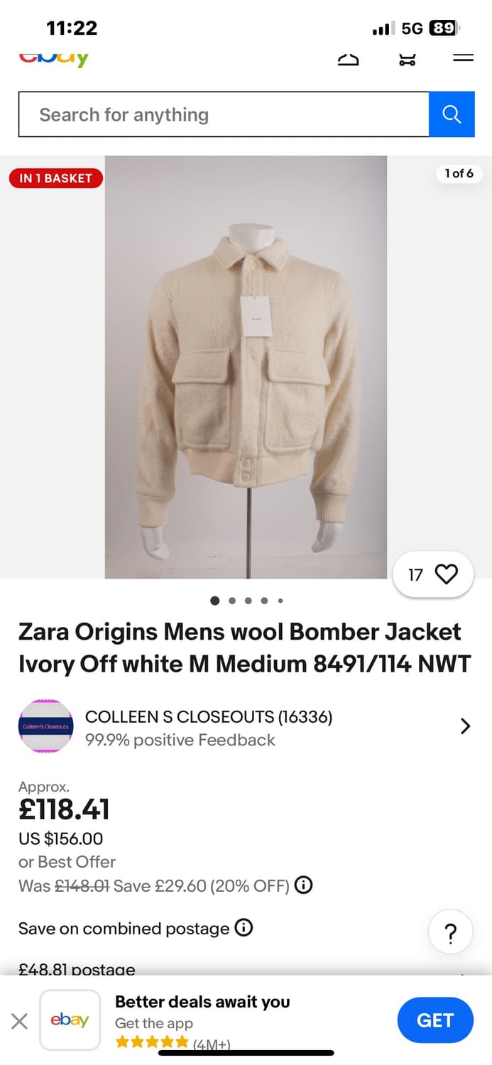 자라 오리진스 아이보리 울 봄버 자켓 L(110까지 가능) 정가 28만원 상품이미지2