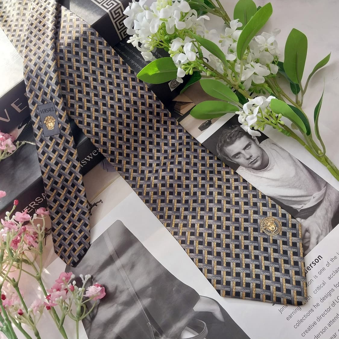 베르사체 실크 블랙 메두사 기하 패턴 넥타이 9.1cm B등급 K1773 상품이미지3