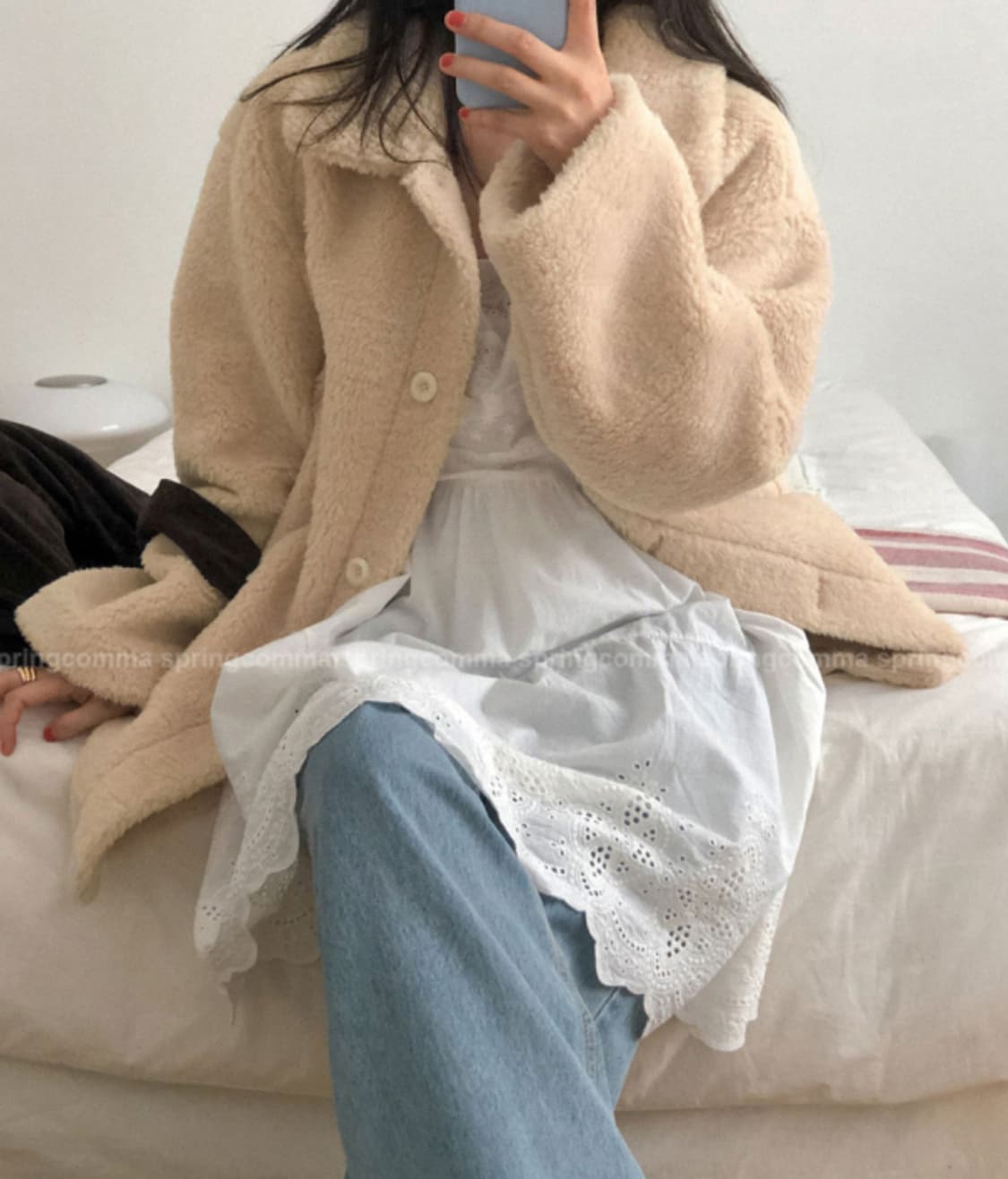 스프링콤마 크리미 덤블 하프 무스탕 코트 상품이미지1