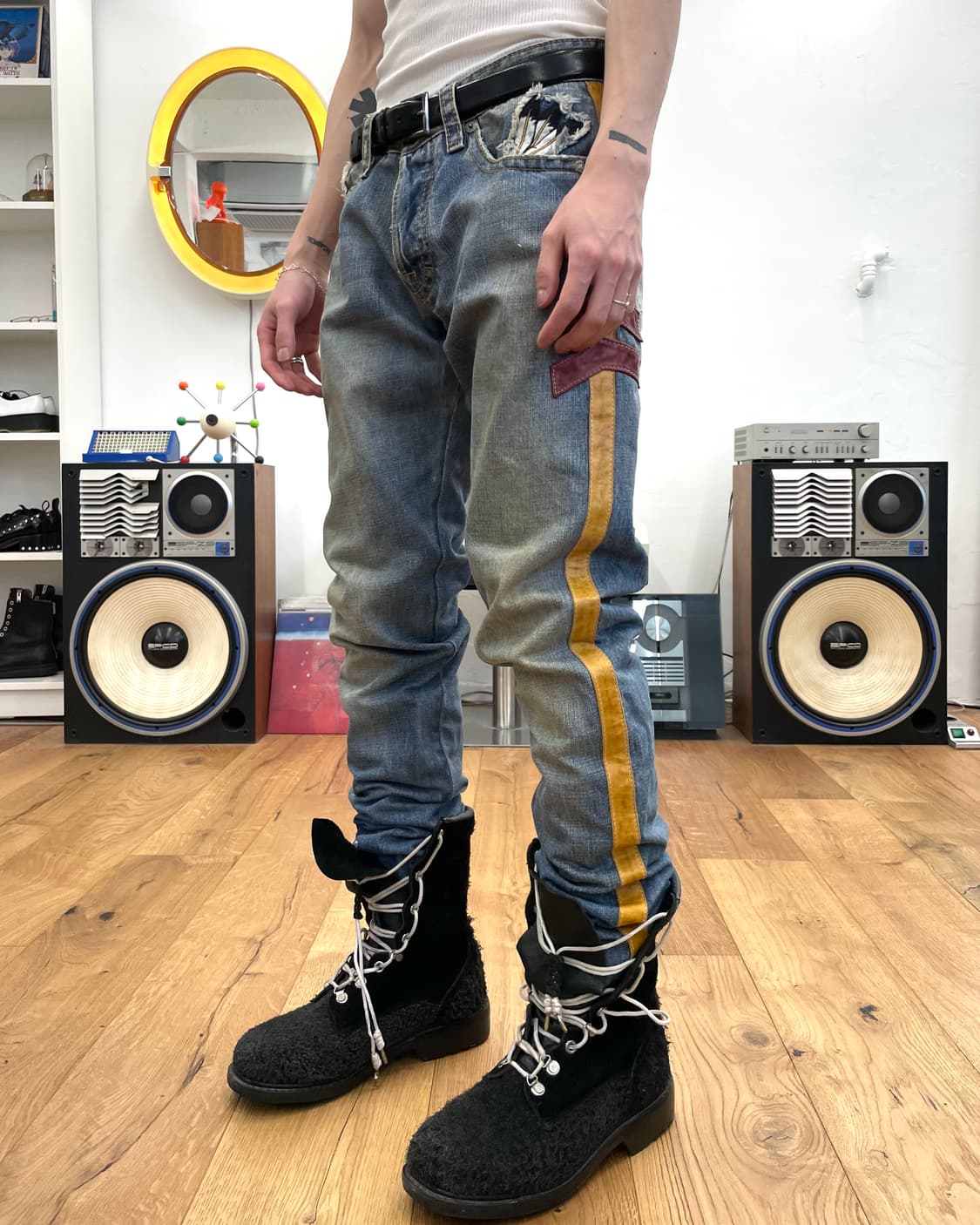 [48] 디스퀘어드 레더 사이드 라인 데님 팬츠 상품이미지1