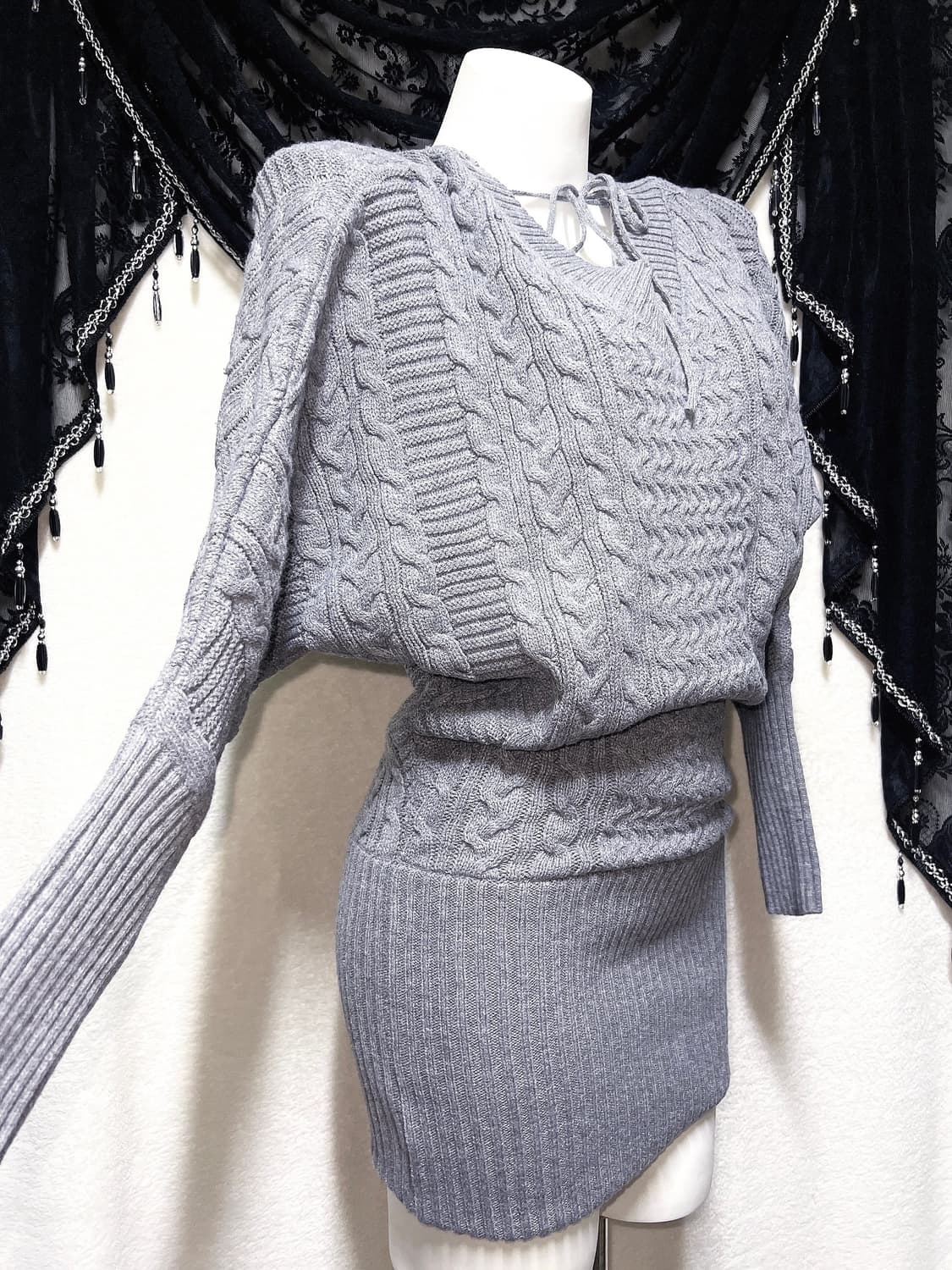 브이넥 꽈배기 니트원피스 오네갸루 로맨틱 로걀 섹시 헤이세이 시부야 핀터 상품이미지3