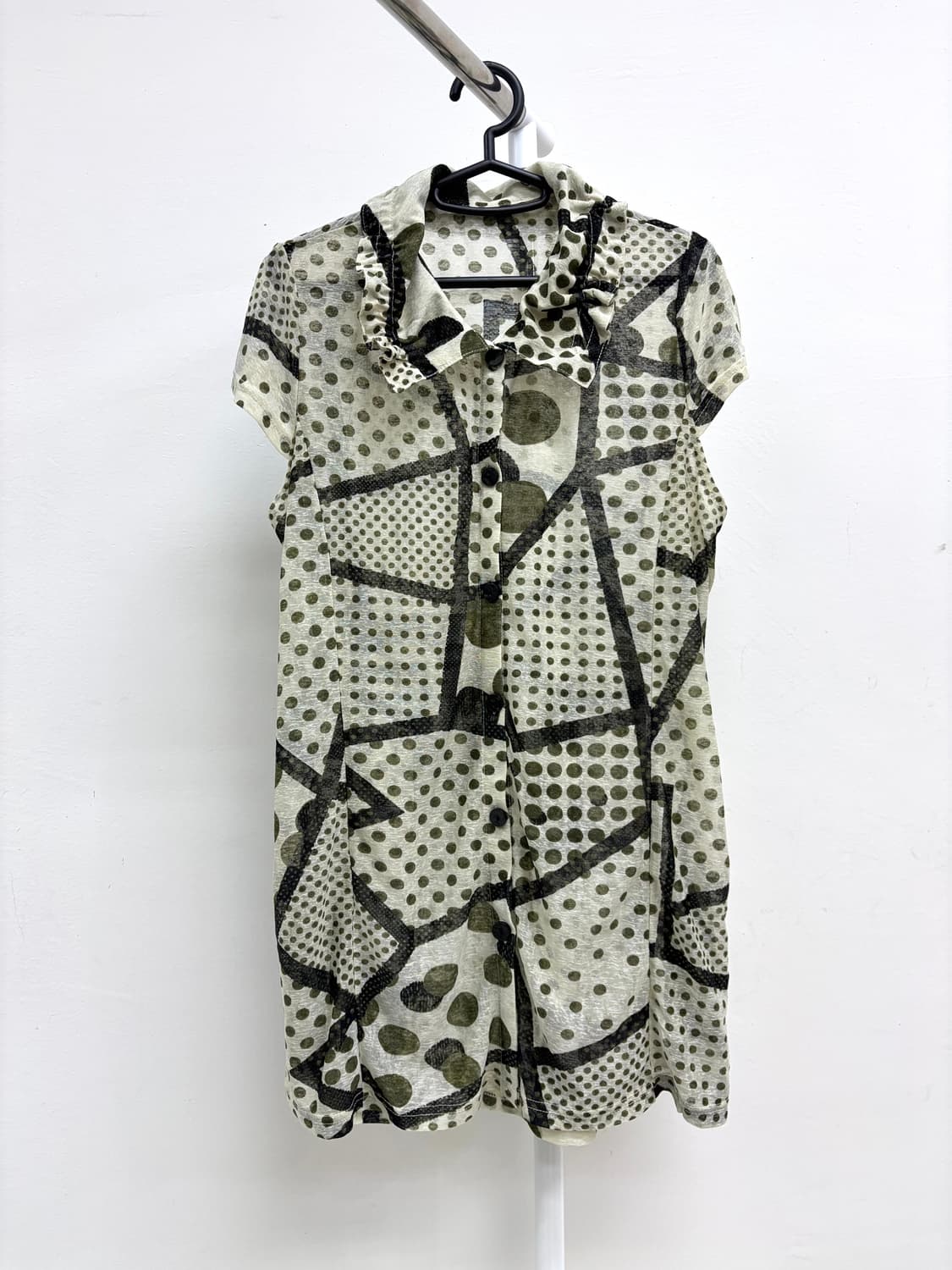 빈티지 카키 도트 반팔 블라우스 상품이미지5