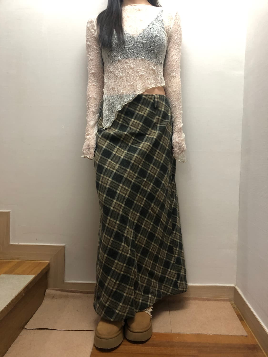 빈티지 그린 체크 울 롱 스커트 상품이미지4