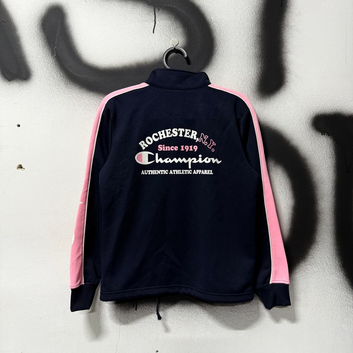 챔피온 00s USA 올드스쿨 핑크 네이비 배색 빅 프린팅 집업 져지 상품이미지2