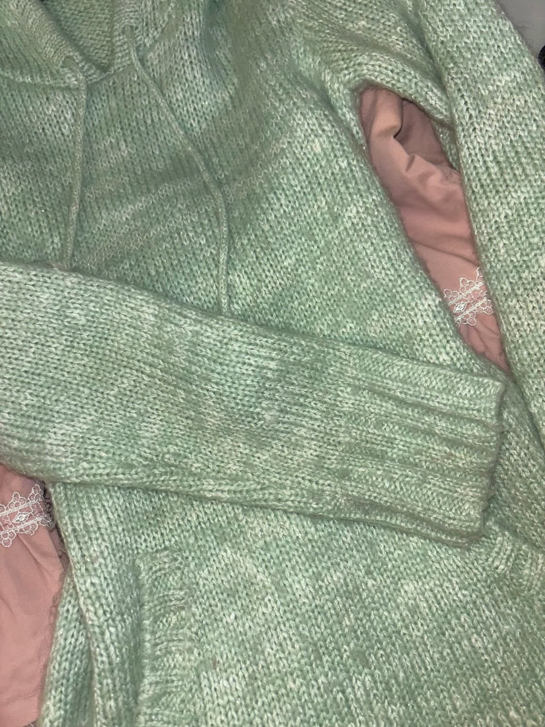 빈티지 모리 갸루 민트 글리터 폼폼이 니트 후드 원피스 상품이미지2