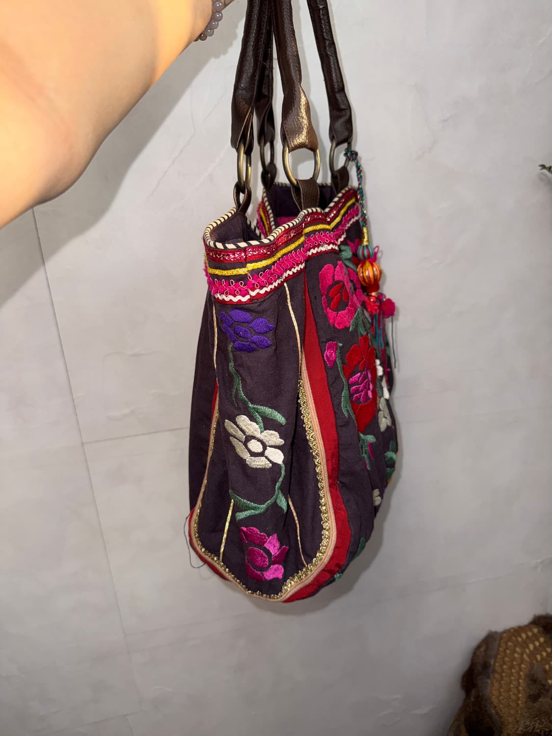 Dark brown bohemian flower big tote bag 상품이미지3