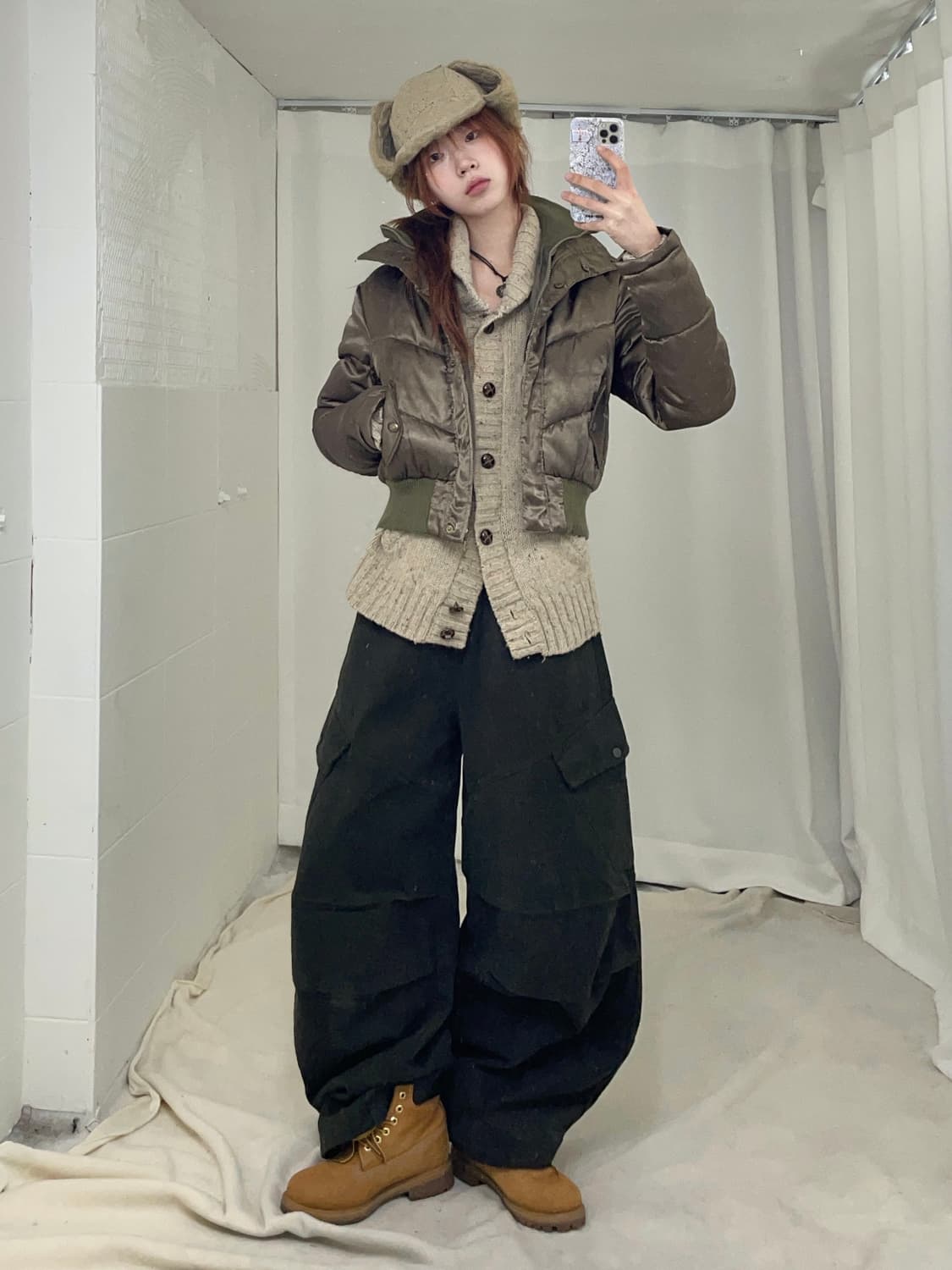 빈티지 카키 아이보리 캐주얼 폭닥 코디 세트 상품이미지2