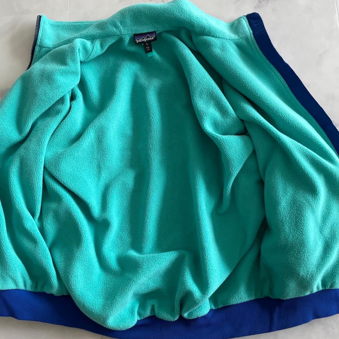 90s 파타고니아 쉘드 신칠라 봄버 웜업 자켓 코발트블루/틸그린 L사이즈 상품이미지6