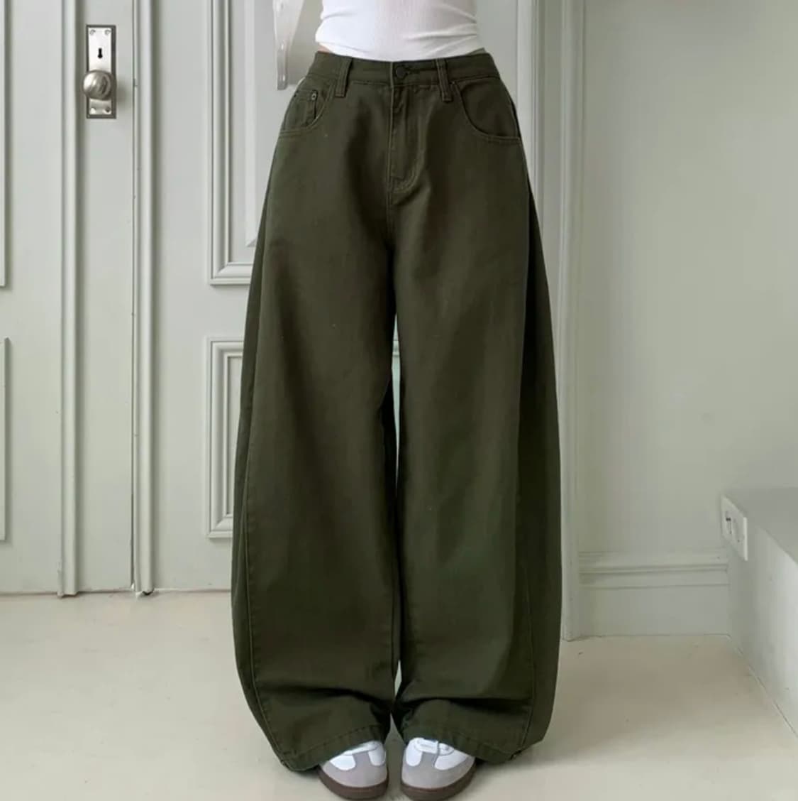 사이드 핀턱 하체커버 옆핀턱 벌룬핏 바지 롱와이드 팬츠 카키 상품이미지1