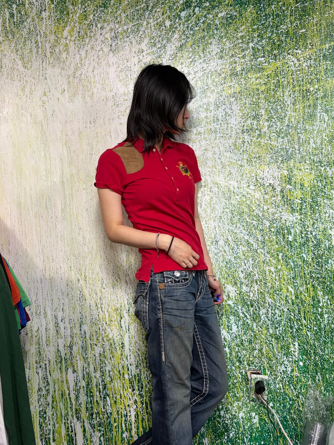 폴로 빅포니 치프키프 와펜 자수 로고 가죽패치 레드 카라 반팔 티셔츠 M 상품이미지6