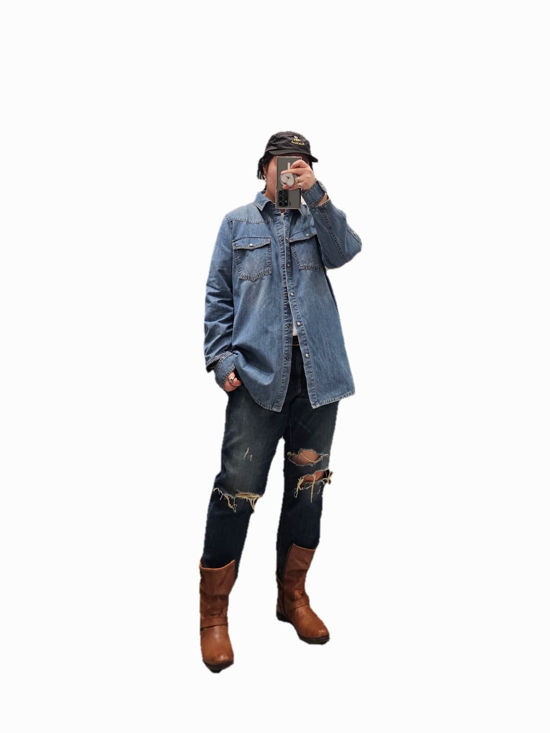 워싱 소매 절개 데님셔츠 상품이미지1