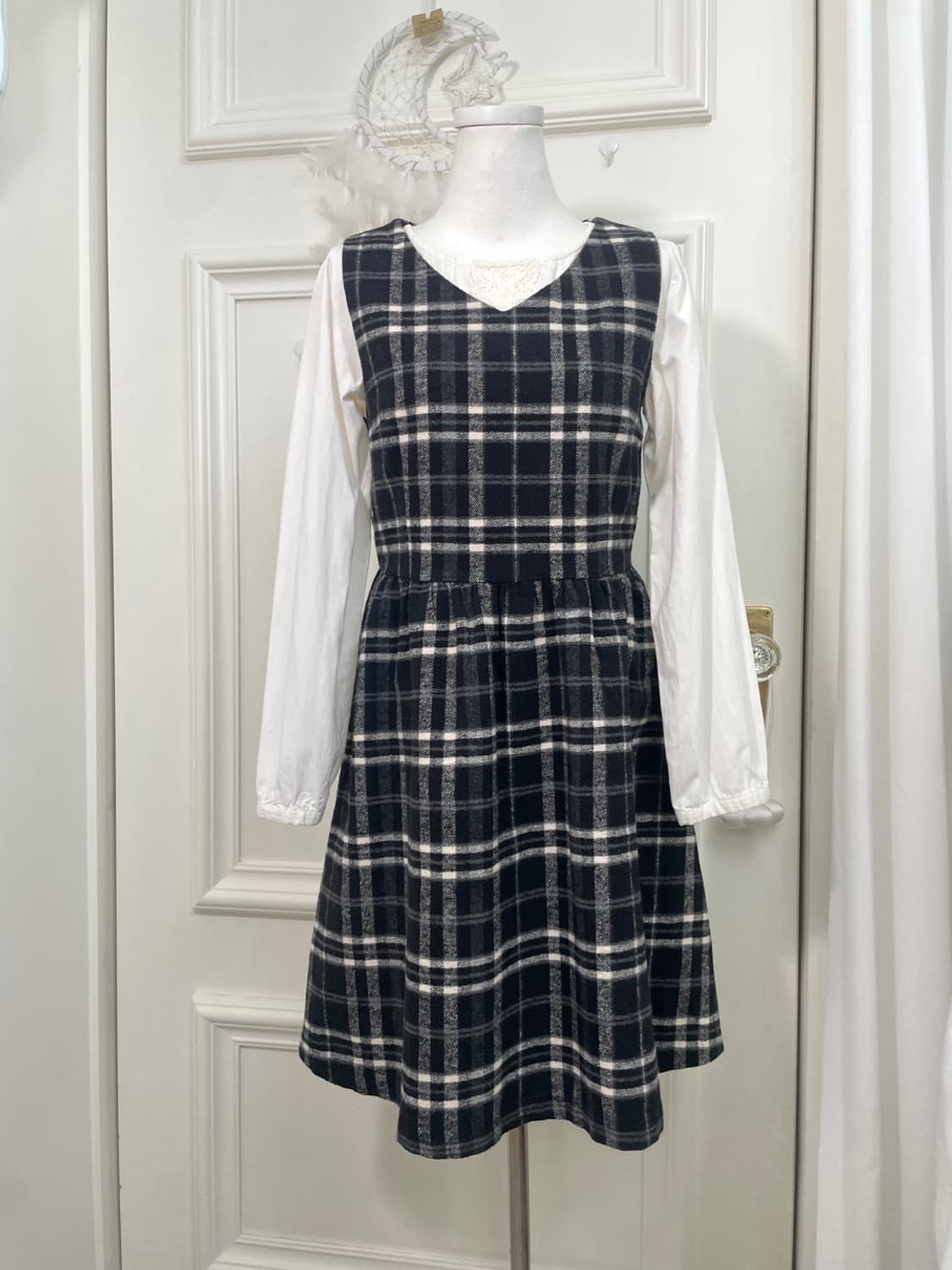 EARTH dark navy check waist shirring v-n 상품이미지1