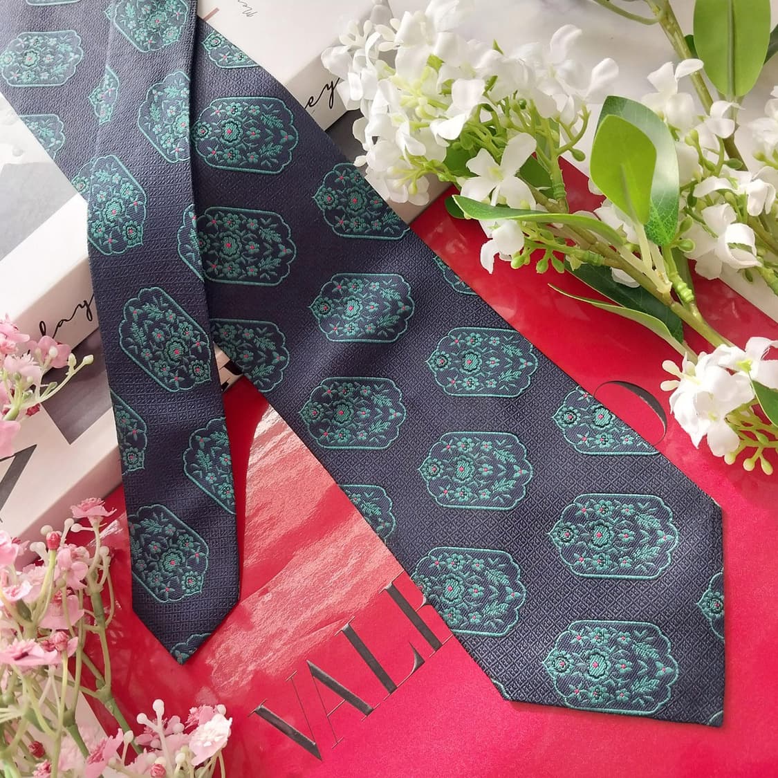 발렌티노 실크 다크네이비 그린 패턴 넥타이 8.9cm A등급 K2162 상품이미지3