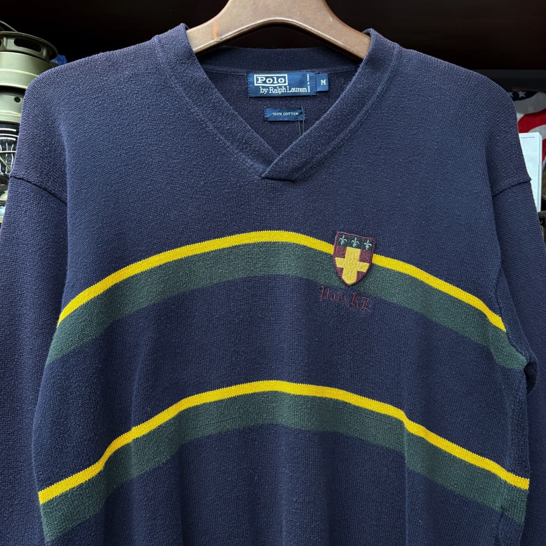 90s 폴로 랄프로렌 브이넥 스트라이프 코튼니트 쉴드패치 N520 상품이미지3