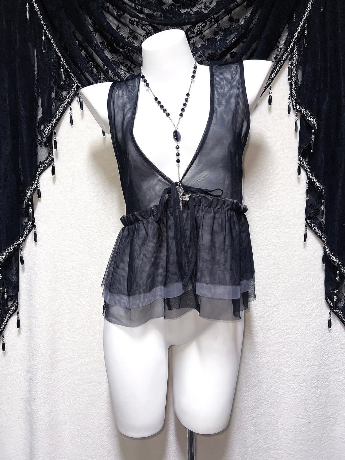 로맨틱고딕 오리엔탈 고스펑크 다크페어리 블랙시스루 프릴 조끼 베스트 상품이미지4