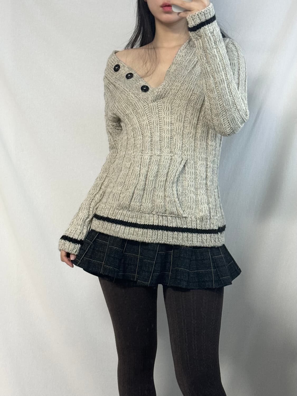 헤비 울 슬림 핏 버튼 후디드 니트 상품이미지5