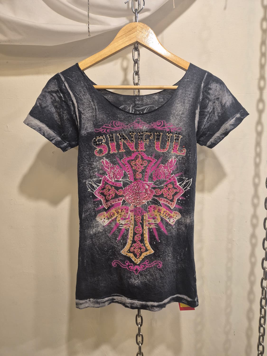 핑크 크로스 큐빅 그레이 워싱 티셔츠 y2k 펑크 갸루 상품이미지1