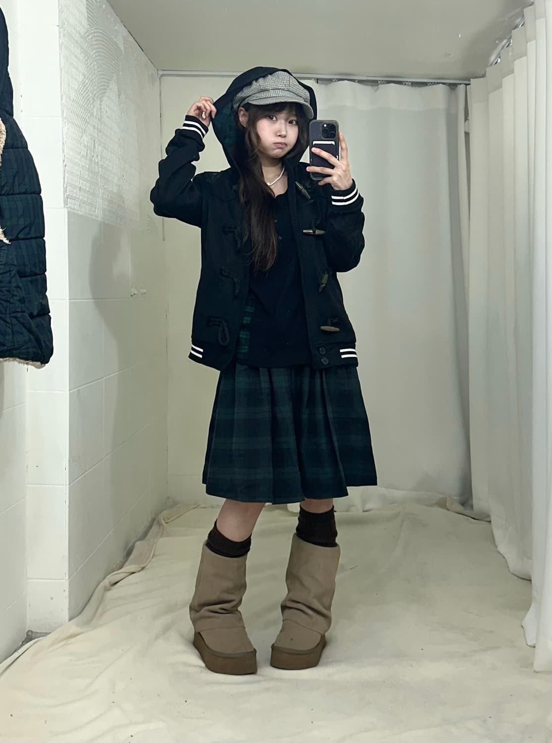 그린체크 모리걸 프레피 패딩조끼 코디세트 상품이미지2