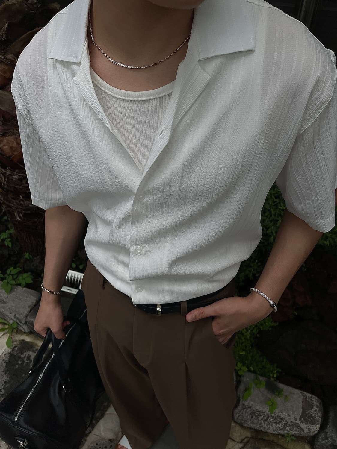 화이트 줄지 반팔 셔츠 상품이미지1