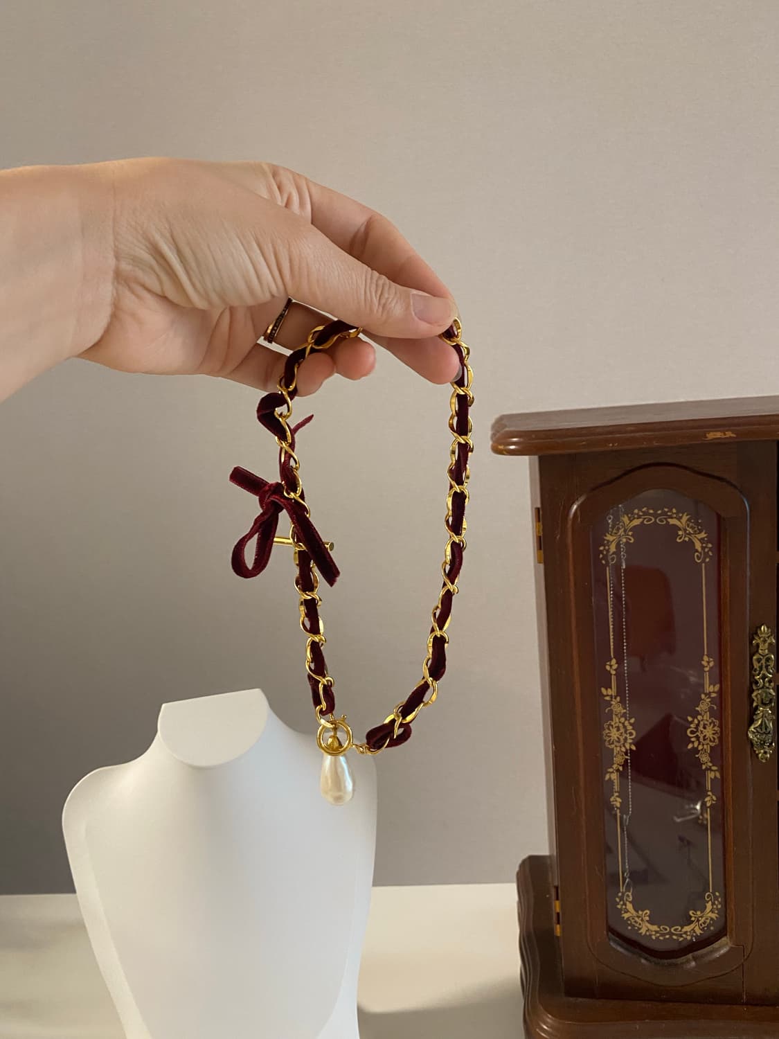 빈티지 버건디 벨벳 리본 진주 초커 상품이미지6