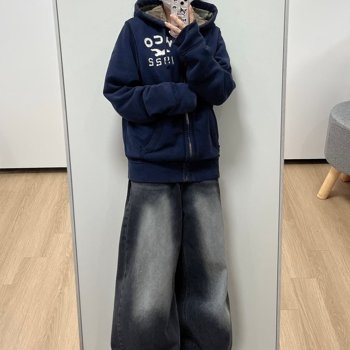 홀리스터 자수로고 체크 누빔안감 네이비 후드집업 상품이미지1