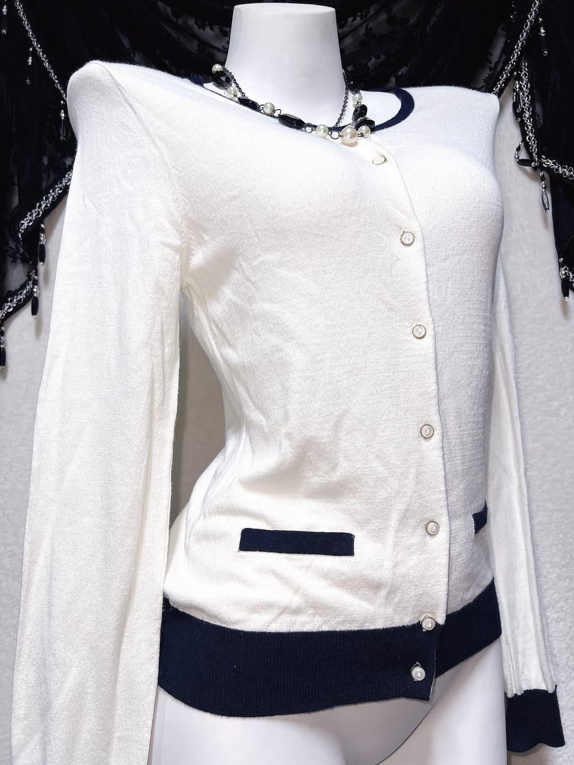 로맨틱갸루 로걀탑 베이직 진주 배색 니트가디건 러블리 페미닌 상품이미지6