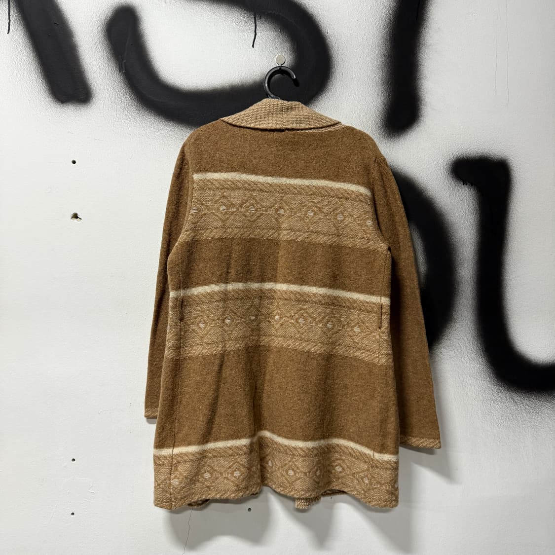VTG 빈티지 100% 울 숄카라 에스닉 패턴 브라운 모리 롱 가디건 상품이미지2
